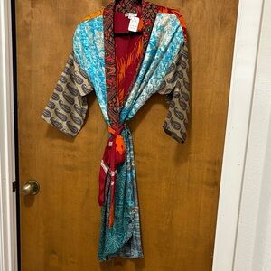 563. Karma Highway Colorful Patchwork Kimono Robe - Turquoise & Red